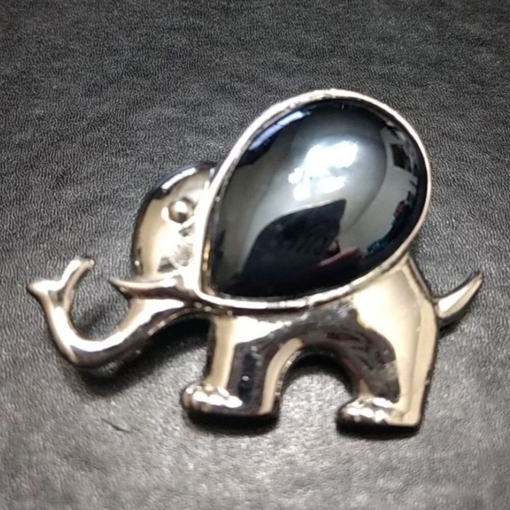 Silver tone big ear elephant brooch gray black